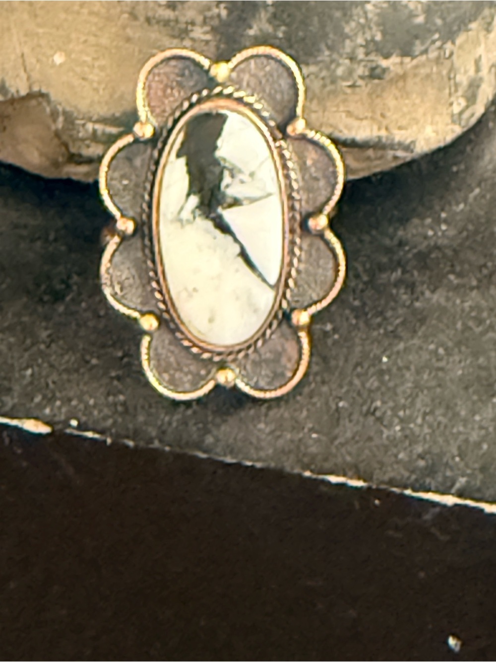 White Buffalo Oval Flower Ring - Set in Copper
Handcrafted Size 7 1/2